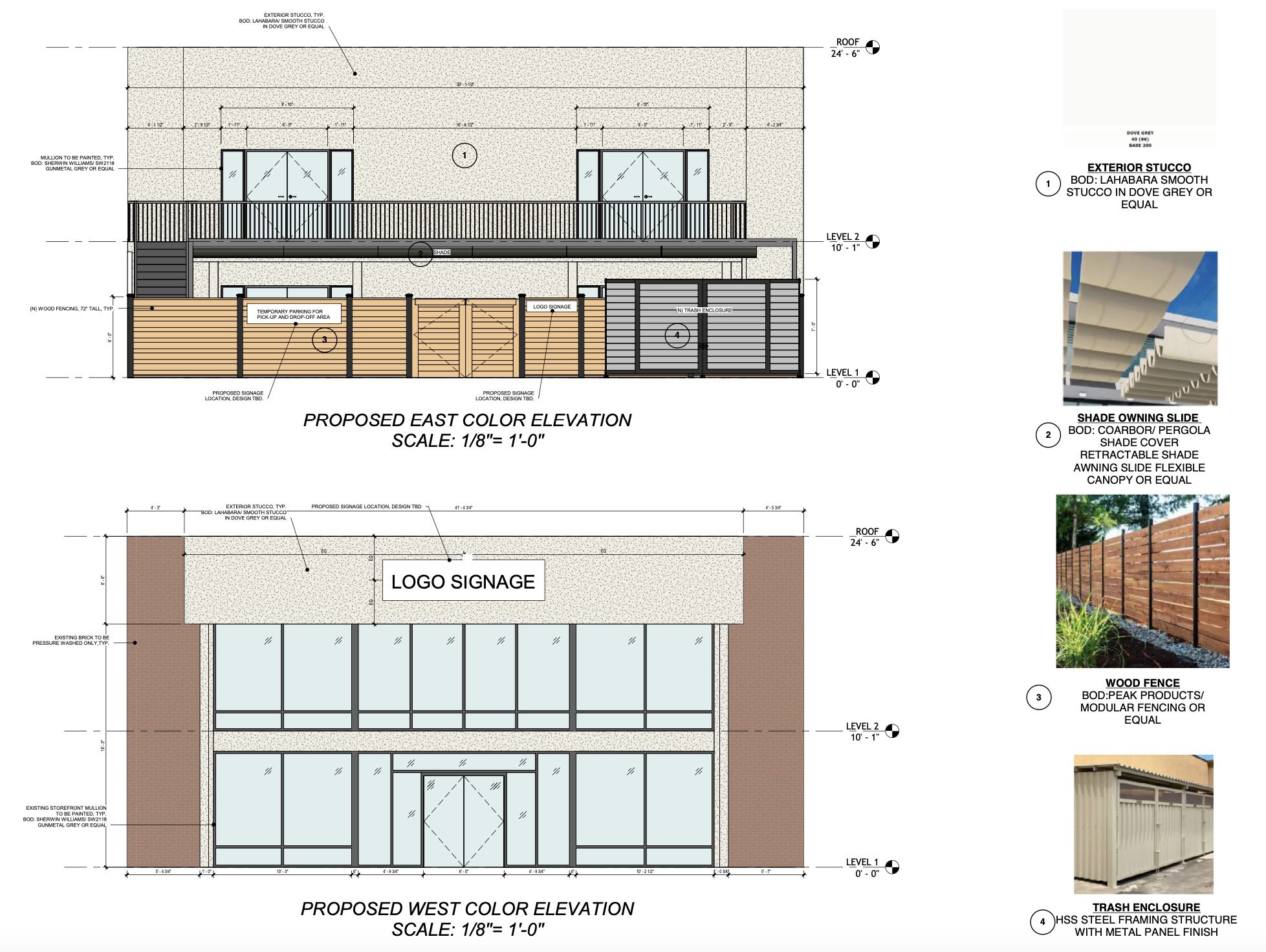 East and West Color Elevations for the Purple Magpie Mandarin daycare/preschool on 11132 Washington Boulevard.